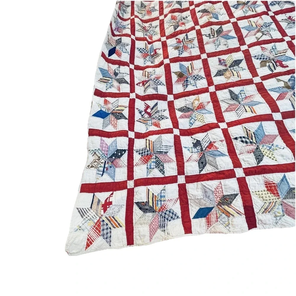 READ Vintage Handmade Star‎ Patchwork Quilt 59x79 Red White Multicolor Cotton